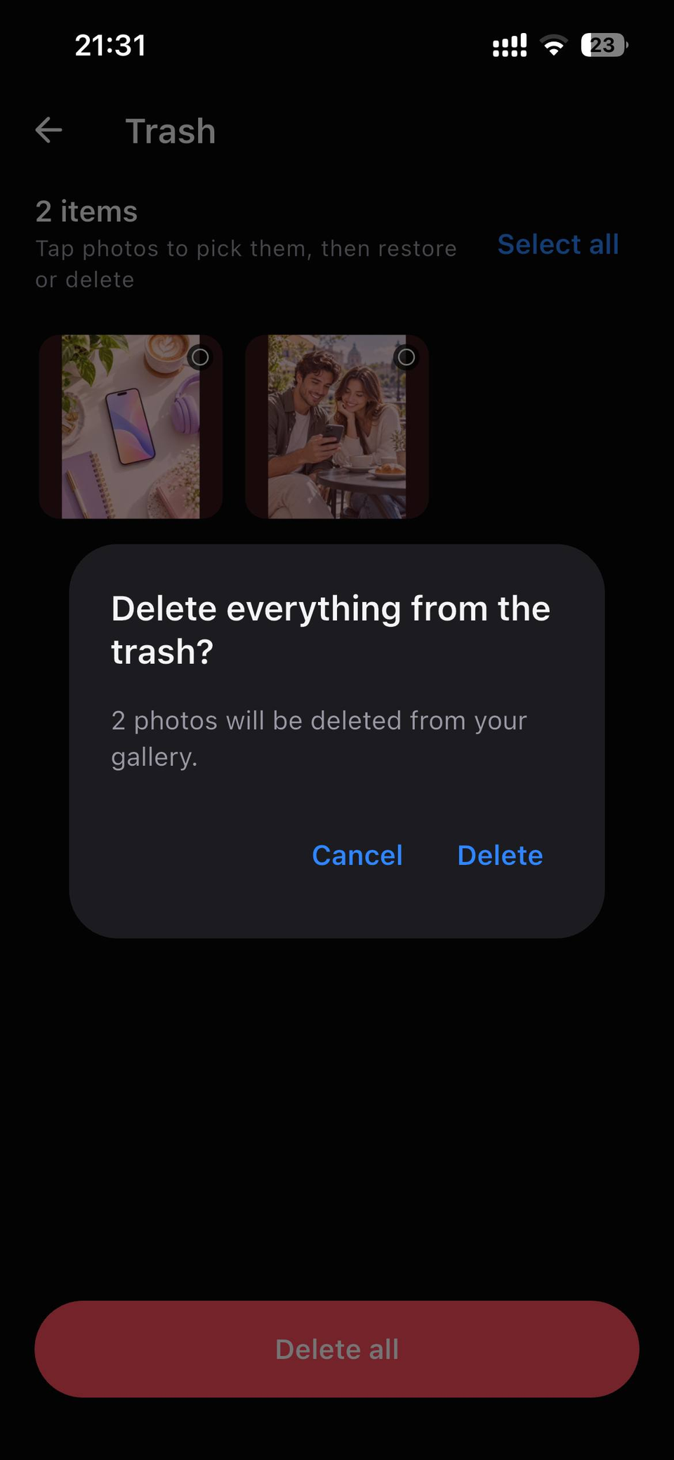 Swipeek's trash screen showing marked photos and the space they would free