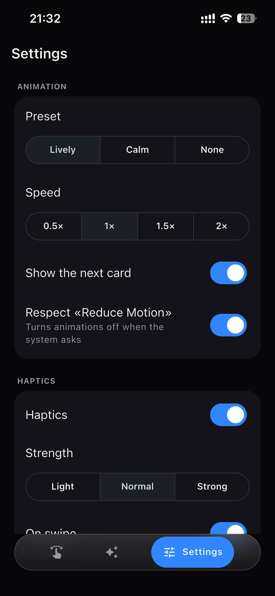 Swipeek settings screen with sections for gestures, animation, haptics and viewing
